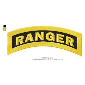 Peut inclure: Un écusson brodé jaune et noir avec le mot "RANGER" en lettres noires. L'écusson mesure 17,2 cm sur 7,1 cm et comporte 21 313 points.