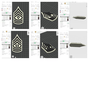 Puede incluir: Colección de insignias de rango militar renderizadas en 3D, que incluyen galones y una estrella dentro de un ojo. Los diseños son en blanco y negro, con una apariencia en capas. Las imágenes se muestran sobre un fondo de interfaz digital.