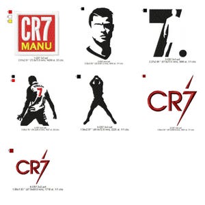 May include: Collection of embroidered patches featuring soccer-themed designs. Includes a red and white square with "CR7 MANU" text, a silhouette of a soccer player, and the "CR7" logo in red.