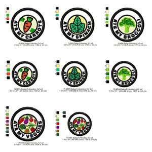 May include: Six embroidery designs for iron-on patches featuring a circle with black outlines and colourful vegetables. The designs include carrots, spinach, broccoli, and a variety of vegetables. The text "ATE MY" is included in each design.