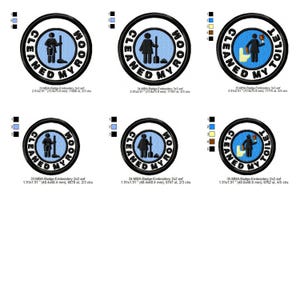 May include: Six embroidery designs for a badge featuring a cartoon person cleaning a room or toilet. The designs are in black, white, blue, and brown. The text on the badges reads "Cleaned My Room" or "Cleaned My Toilet".