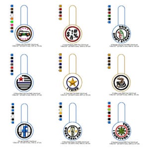 May include: A collection of embroidered key fobs with various designs. The designs include a van, symbols, a star, a coffee cup, a Facebook logo, and text. Each fob has a blue loop.