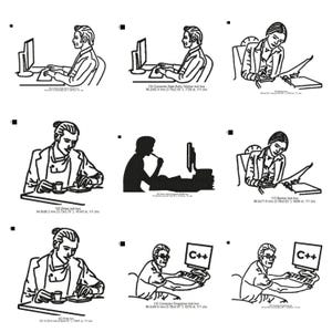 May include: A collection of black and white line art illustrations depicting various office workers. The images show individuals working on computers, reviewing documents, and taking notes. The illustrations include text such as "Computer Data Entry Worker" and "Banker".