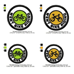 May include: Four embroidery designs for a round patch featuring a bicycle with the text "Went Bike Riding". The designs are in two sizes and two color schemes: green and yellow, and orange and yellow.