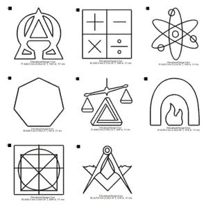 May include: A collection of black and white line art designs, including mathematical symbols, geometric shapes, and a stylized atom model. Each design is labeled with "Educational Design" and a number.