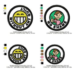 Puede incluir: Cuatro parches bordados con bordes negros. Dos parches dicen "SIN CULPA" con una cara sonriente. Los otros dos dicen "SIN VERGÜENZA" con un gráfico de pulgar hacia arriba. Cada parche mide aproximadamente 73,8 x 73,8 mm o 48,4 x 48,4 mm.