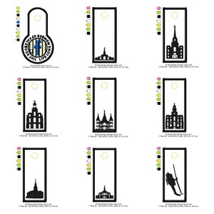 May include: A collection of black embroidered bookmarks with various designs. The designs include architectural silhouettes, a diver, and a circular emblem with text. Each bookmark has a rectangular frame and a circular hole at the top.