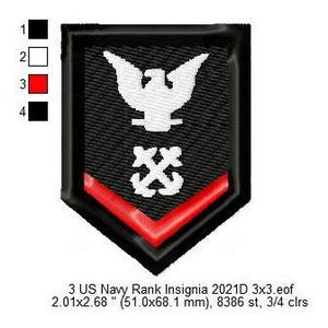 May include: A black and white embroidered patch with a white eagle, crossed anchors, and a red chevron. The patch is 2.01 inches by 2.68 inches and has 8386 stitches. 3 US Navy Rank Insignia 2021D 3x3.eof