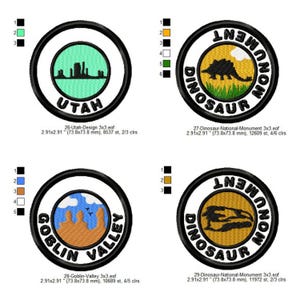 May include: Four circular embroidered patches. One features a Utah design with a cityscape in a light green circle. Another shows a dinosaur silhouette with the text "Dinosaur National Monument." The third patch displays "Goblin Valley." The last patch has a dinosaur fossil.