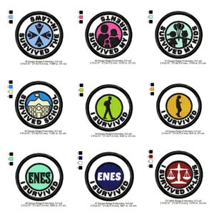 May include: A set of embroidered patches with black borders and various designs. The patches feature text like "I Survived My Kids," "I Survived School," and "I Survived In-Laws." Each patch is approximately 73.8mm x 73.8mm.