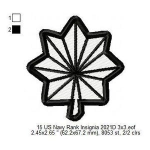 May include: Black and white embroidered patch of a 10-pointed star, resembling a stylized maple leaf. The patch is labeled "15 US Navy Rank Insignia 2021D 3x3.eof 2.45x2.65" (62.2x67.2 mm), 8053 st, 2/2 clrs".