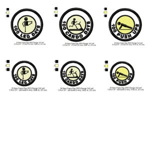 Può includere: Toppe rotonde ricamate con bordi neri e centri gialli. Ogni toppa presenta un omino stilizzato che esegue un esercizio, con testo che indica "100 Leg Days", "100 Cardo Days" o "100 Push Ups". Le toppe sono disponibili in due misure.