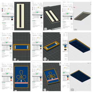 May include: Digital renderings of military insignia designs. The images display badges with gold, blue, white, and red details. The designs include stripes, a stylized emblem, and rectangular shapes, suitable for uniform embellishment.