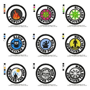 Peut inclure: Ensemble de patchs brodés avec l'inscription "J'ai Survécu" entourant diverses images. Les thèmes incluent le feu, un virus, la COVID-19, les émeutes, la politique, l'isolement, la chaleur, la pluie et la neige. Chaque patch est rond avec des bordures noires.