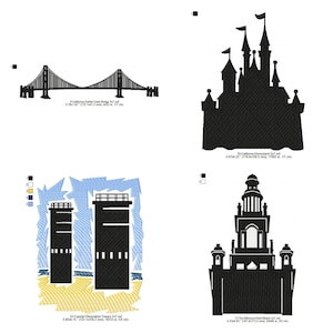 May include: Four black and white architectural designs. The designs include the Golden Gate Bridge, a castle, two coastal observation towers, and a building. The Golden Gate Bridge measures 6.78x1.62 inches. The castle measures 4.67x6.22 inches.