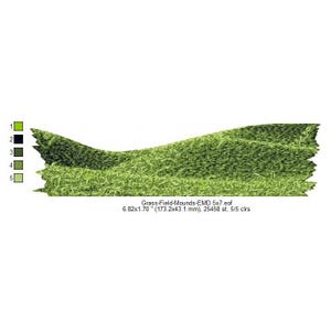 May include: A close-up of a green grassy field with a slight mound in the center. The image is labeled "Grass-Field-Mounds-EMD 5x7.eof 6.82x1.70" (173.2x43.1 mm), 25458 st, 5/5 clrs".