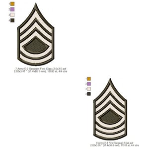 May include: Two embroidered military patches. The top patch is a Sergeant First Class rank insignia, approximately 51.4 x 88.1 mm. The bottom patch is a First Sergeant rank insignia, approximately 51.4 x 95.6 mm. Both feature a dark green and white design.