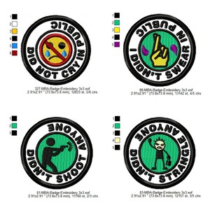 May include: Four embroidered patches with black borders and white text. The patches feature humorous phrases and graphics, including a crying face, a raised middle finger, a person shooting a gun, and a person strangling someone. Each patch is approximately 2.91 x 2.91 inches.