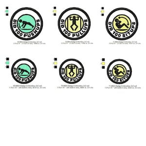 Könnte beinhalten: Runde, gestickte Abzeichen mit schwarzen Rändern, die "DID 100 PUSHUPS", "DID 100 PULLUPS" und "DID 100 SITUPS" zeigen. Jedes Abzeichen zeigt eine andere Übungsfigur in Grün oder Gelb. Für Fitness-Enthusiasten.