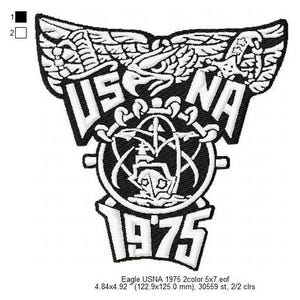 May include: Black and white embroidered patch with an eagle, the text "USNA 1975", and a stylized anchor design. The patch is 4.84 inches by 4.92 inches.