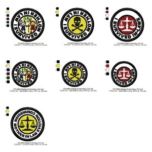 Puede incluir: Parches bordados con bordes negros y detalles amarillos, rojos y blancos. Los parches presentan los textos "Mother in Law I Survived" e "I Survived In-Laws", junto con gráficos de una calavera y balanzas.