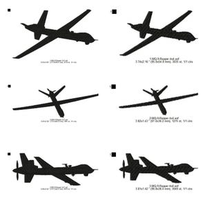 May include: A set of three black and white embroidery designs of a drone, each with different sizes and stitch counts. The designs are labeled 1-MQ-9-Reaper 4x4.eof, 2-MQ-9-Reaper 4x4.eof, and 3-MQ-9-Reaper 4x4.eof.