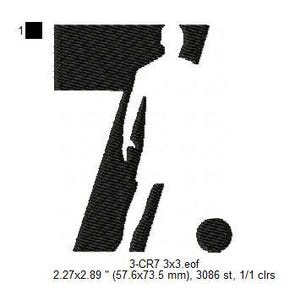 May include: Black and white silhouette of a soccer player with a ball, with the number 7 in the background. The image is 2.27 inches by 2.89 inches and has 3086 stitches.