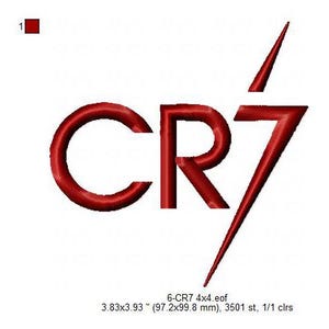 May include: Red embroidered design of the letters "CR7" with a lightning bolt. The design is 3.83 inches by 3.93 inches.