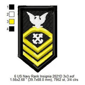 May include: A black and gold embroidered patch with a white eagle and a gold anchor. The patch is 1.56 inches by 2.68 inches and has 7952 stitches. It is labeled "6 US Navy Rank Insignia 2021D 3x3.eof".