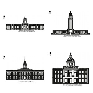 May include: Four black and white illustrations of state capitol buildings. The Montana State Capitol, Nebraska State Capitol, Nevada State Capitol, and New Hampshire State Capitol are depicted in a minimalist style.