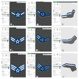 May include: A digital 3D model of a United States Air Force chevron rank insignia displayed in a software interface. The design features a central white star on a blue background with white stripes, shown from top, angled, and side views.