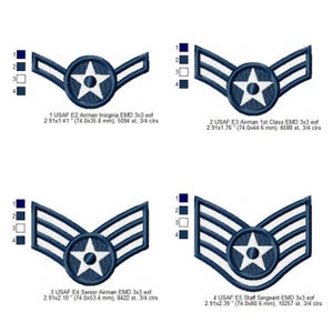 Arquivo de bordado à máquina para distintivos militares da Força Aérea dos EUA (USAF): E2 (Aviador), E3 (Aviador de 1ª Classe), E4 (Aviador Sênior), E5 (Sargento).