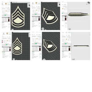 May include: A digital rendering of a military rank insignia, featuring a black and white design. The insignia has three chevrons and a central emblem, displayed in various perspectives within a 3D modeling software interface.