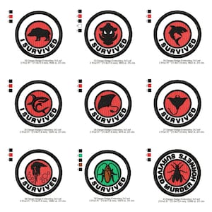 Peut inclure: Écussons brodés avec une bordure noire et le texte "I SURVIVED" autour d'un cercle rouge. Chaque écusson présente un motif différent, notamment un ours, une pieuvre, un requin, une raie et un insecte. Les écussons mesurent environ 7,4 x 7,4 cm.