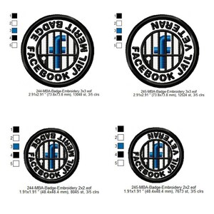Pode incluir: Quatro patches bordados com um design circular. Os patches apresentam o texto "FACEBOOK JAIL" e "MERIT BADGE" ou "VETERAN" em torno de um "F" azul dentro de uma cela de prisão. Os patches são em preto, branco e azul.