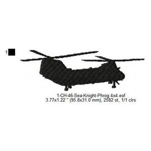 May include: Black silhouette of a CH-46 Sea Knight helicopter with two rotors. The helicopter is 3.77 inches by 1.22 inches, or 95.8 millimeters by 31.0 millimeters. It is made up of 2582 stitches and uses 1 color.