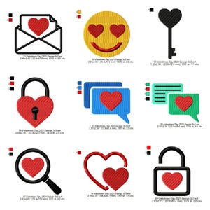 Puede incluir: Un conjunto de 10 diseños de bordado para el Día de San Valentín que presentan corazones, llaves, candados y otros símbolos románticos. Los diseños son en rojo, negro, amarillo, azul y verde.