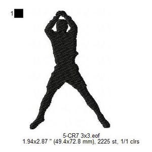 May include: Black silhouette of a person doing a jumping jack exercise. The image is 1.94 inches by 2.87 inches and has 2225 stitches.