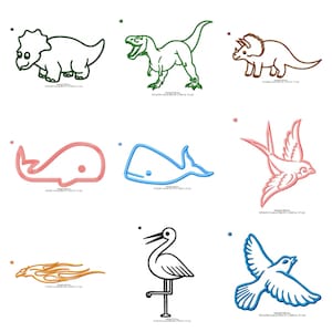 Könnte beinhalten: Neun gestickte Designs auf weißem Hintergrund. Die Designs umfassen einen grünen Dinosaurier, einen braunen Triceratops, einen rosa Wal, einen blauen Wal, einen rosa Vogel, eine Flamme, einen Storch und eine blaue Taube.