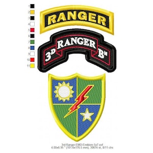 May include: Embroidered military patch set featuring the word "RANGER" in yellow on a black banner. The set includes a black patch with "3D RANGER B" in white and red, and a shield with a sun, lightning bolt, and star.