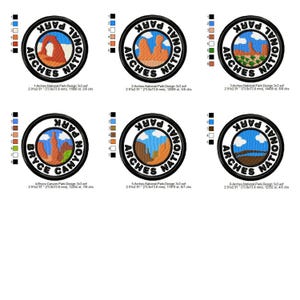 May include: A collection of six embroidered patches featuring designs of national park landscapes. Each patch is circular with a black border and includes the text "ARCHES NATIONAL PARK" or "BRYCE CANYON PARK". The designs depict iconic rock formations.