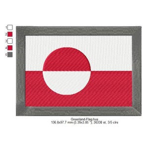 May include: An embroidered patch of the Greenland flag, framed in grey. The flag is white with a red rectangle at the bottom and a white circle in the centre of the white section. The circle is half red and half white.
