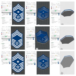 Può includere: Un'interfaccia di modello 3D digitale che mostra vari design di insegne di grado dell'aeronautica militare statunitense. Le grafiche presentano motivi a chevron blu e bianchi con stelle, presentati in più viste, incluse prospettive piatte, angolate e dal basso.