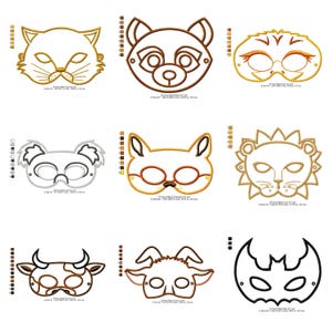 Puede incluir: Nueve diseños de máscaras faciales bordadas con formas de animales, incluyendo un gato, mapache, tigre, koala, gato con gafas, león, toro, cabra y murciélago. Cada máscara está delineada en un color contrastante, con detalles como bigotes y pelaje.