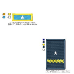 Puede incluir: Dos insignias de rango militar bordadas. La primera es un parche rectangular con un centro azul, una estrella blanca y un borde amarillo. La segunda es un parche azul oscuro con una estrella blanca y diseños dorados en forma de hojas. El texto en la imagen dice "Army O-7 Brigadier General".
