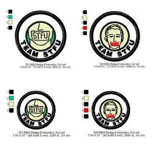 May include: Four embroidered patches with a black border and the text "TEAM STFU". Two patches feature the text "STFU" inside a circle, and two feature a face with a red band over the mouth. The patches are 2.91 x 2.91 inches and 1.91 x 1.91 inches.