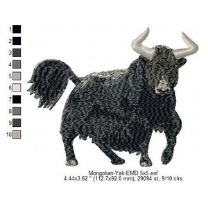 May include: Black and gray embroidered image of a Mongolian yak with large horns. The image is 4.44 inches by 3.62 inches and has 29,094 stitches.