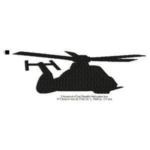 May include: Black silhouette of a stealth helicopter, 171.9 x 54.4 mm (6.77 x 2.14 inches), 7946 stitches, 1/1 colors.