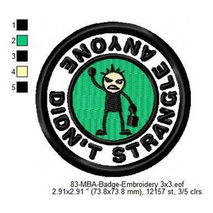 May include: Embroidered patch with the text "ANYONE DIDN'T STRANGLE" around a green circle. Inside the circle is a stick figure with a raised fist and a briefcase. The patch is 2.91 inches (73.8 mm) in diameter.