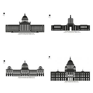 May include: Four black and white line drawings of state capitol buildings. Each building features a distinct architectural style, with domes, columns, and rectangular forms. Text below each building provides state and file details.